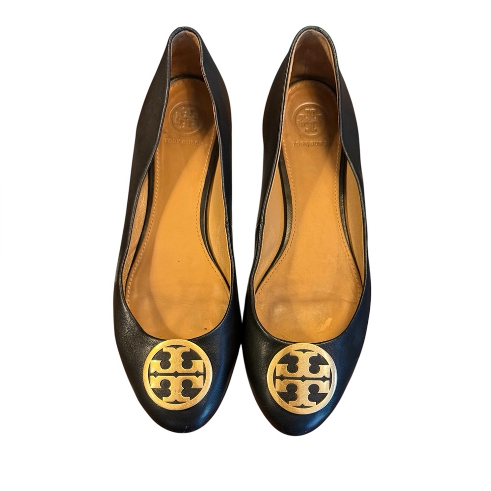 Tory Burch Black Leather Benton Ballet Flats with Gold Logo Medallion Size 8